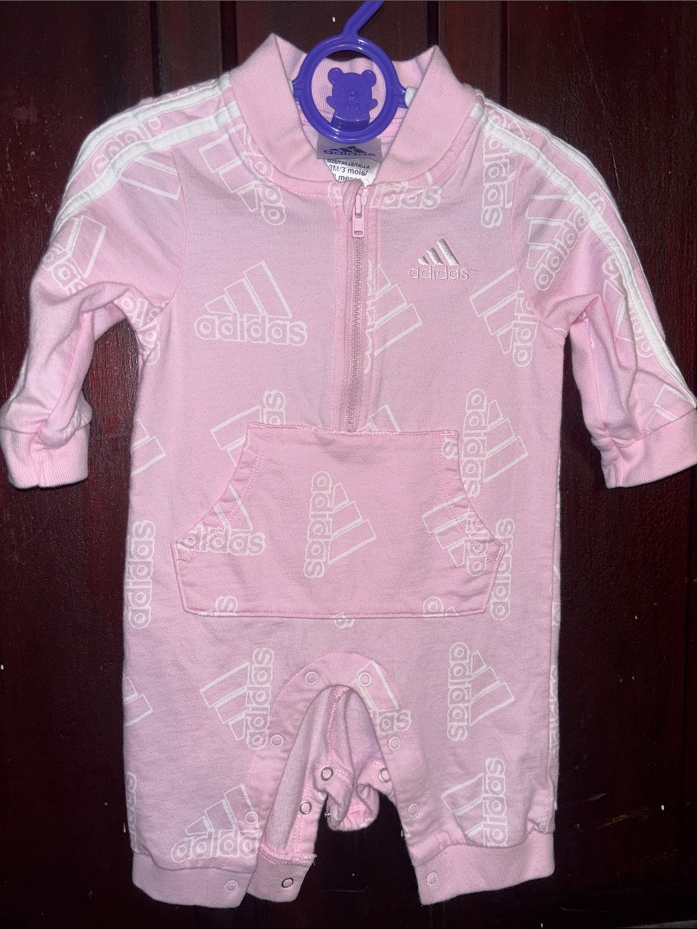 adidas Pink Logo-Print Baby Footie Romper